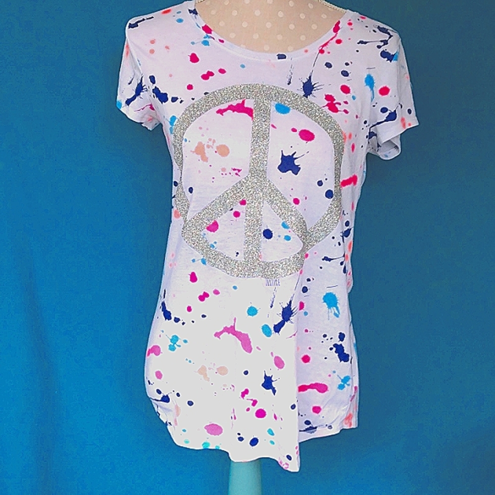 Neon  Justice Splatter Paint Peace Sign Retro Tee